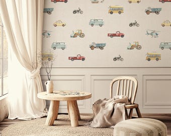 Vintage Car Beige Nursery Wallpaper: Kids Room Neutral Wall Mural