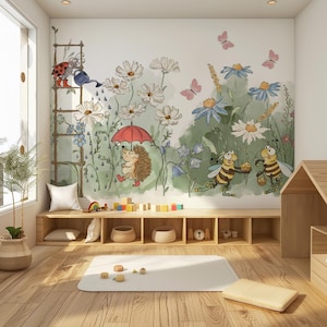 Carta da parati Meadow Kids, carta da parati per bambini, carta da parati rimovibile e lavabile, materiale staccabile e attaccabile o normale, carta da parati per bambini, farfalla
