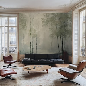Ethereal Forest Mist Vinyl Wall Mural: Rustic Woodland Landscape Wallpaper for Japandi-Inspired Interiors