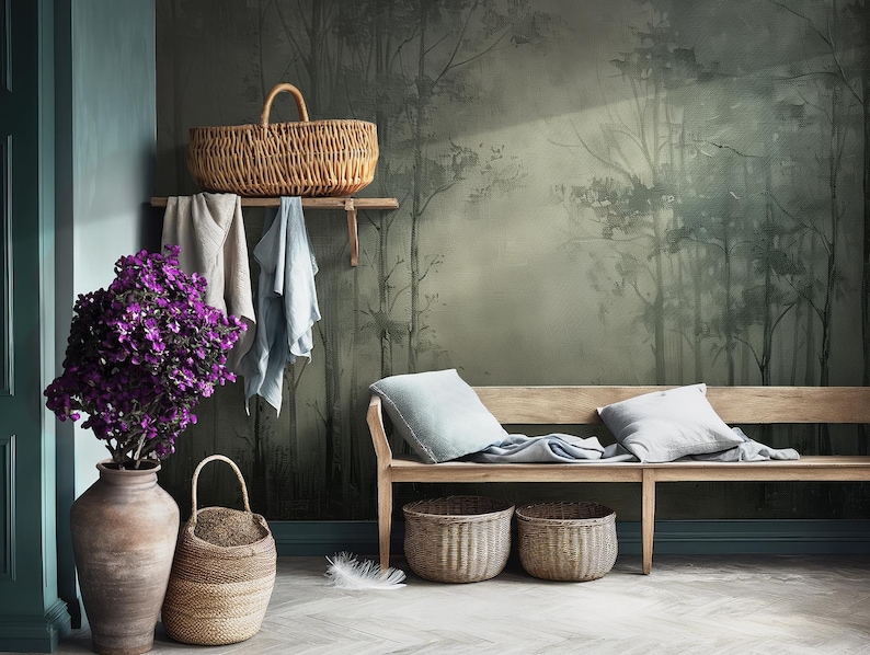 May include: A wooden bench with two cushions and three woven baskets in front of a wall mural depicting a misty forest scene.