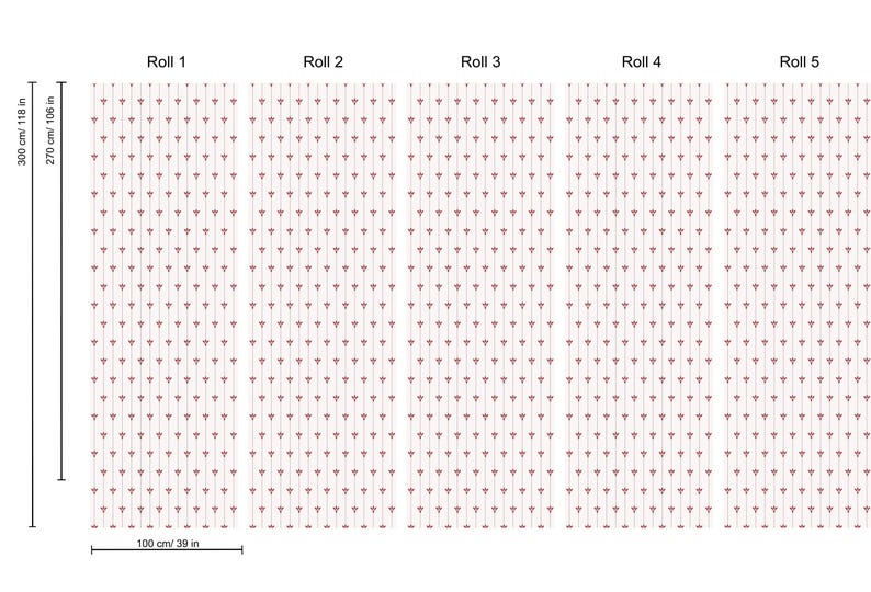 May include: Wallpaper rolls with a repeating pattern of small, pink triangles on a white background. Each roll is 39 inches wide and 118 inches tall. The image shows five rolls of wallpaper.