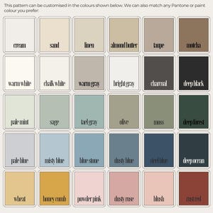 May include: A color palette chart featuring a variety of paint colors, including cream, sand, and taupe. The chart also includes shades of blue, green, and pink. The text "color palette" is at the top. The text below the color swatches says, "This pattern can be customised in the colours shown below."