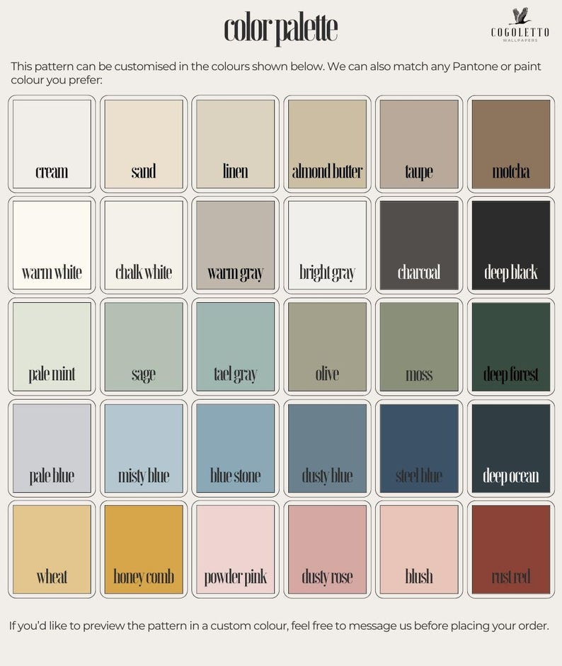 May include: A color palette chart featuring a variety of paint colors, including cream, sand, and taupe. The chart also includes shades of blue, green, and pink. The text "color palette" is at the top. The text below the color swatches says, "This pattern can be customised in the colours shown below."