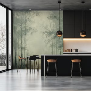 May include: A modern kitchen with a black island and bar stools. The backsplash features a green and white watercolor mural of a forest.