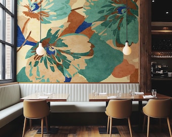 Colorful Floral Farmhouse Peel and Stick Wallpaper: Boho Orange Flower Wall Mural