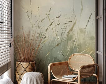 Green Beige Botanical Meadow Flower Peel & Stick Wallpaper, Wildflower Boho Farmhouse Removable Wallpaper, Botanical Wall Mural Decor