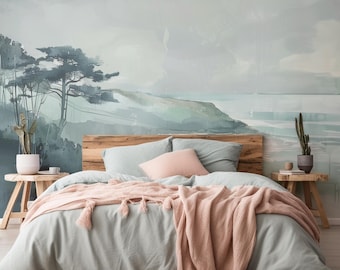 Coastal Sea landscape ocean wallpaper: Abstract blue vinyl wall mural