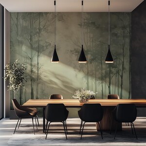 May include: A dining room with a wooden table and six black chairs. The wall behind the table features a green and brown wallpaper with a watercolor-style forest scene. Three black pendant lights hang above the table.