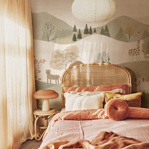 Whimsical Animal Forest Wallpaper Mural for Kids' Rooms - Vintage-Inspired Beige Nature Scene, japandi mountain wallpaper. safarie wallpaper