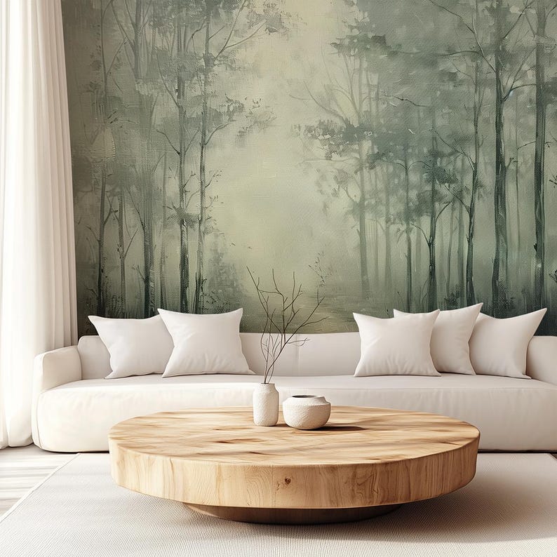 May include: A white sofa with white pillows sits in front of a wall mural depicting a foggy forest scene. A round wooden coffee table with a natural wood finish sits in front of the sofa. A small potted plant sits on the table.