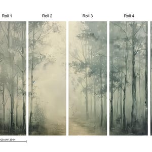 May include: Five panels of a wallpaper mural depicting a misty forest scene with tall, slender trees in shades of green and gray. The mural is 118 inches tall and 39 inches wide.