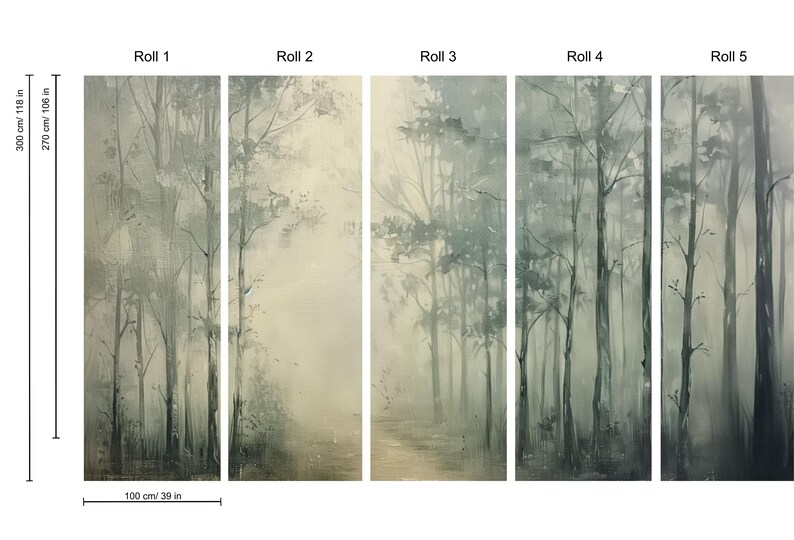 May include: Five panels of a wallpaper mural depicting a misty forest scene with tall, slender trees in shades of green and gray. The mural is 118 inches tall and 39 inches wide.