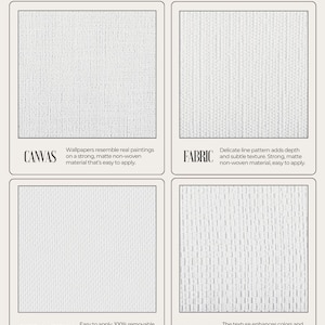 May include: An informational graphic displays four wallpaper material types: Canvas, Fabric, Peel & Stick, and Cotton. Each material is shown with a close-up texture and a brief description. The text includes the brand name "COGOLETTO WALLPAPERS".