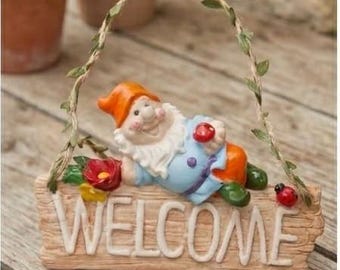 Letrero de bienvenida de gnomo de hormigón hecho a mano, decoración rústica de jardín, adorno de entrada estilo cottagecore,