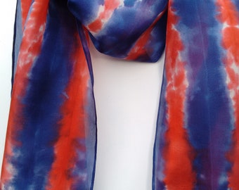 Long pure silk scarf,  blue red white, shibori