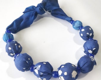 Pure silk indigo necklace with glass beads unique design