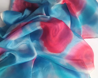 Long pure silk scarf roses on a blue background washable colourfast hand painted original design