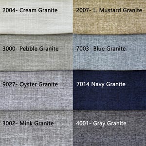 K&ouml;nnte beinhalten: Ein Bild von Stoffmustern mit Granitstruktur. Die Farben reichen von Ecru, Creme und Hellsenf bis hin zu Kiesel, Blau und Marine. Weitere Farben sind Auster, Nerz, Grau, Kaffee und Schwarz. Jedes Muster ist mit einer Nummer und dem Wort "Granit" versehen.