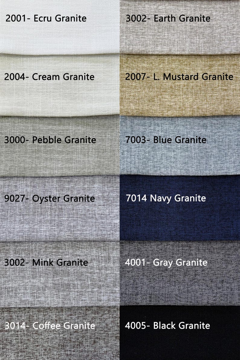 K&ouml;nnte beinhalten: Ein Bild von Stoffmustern mit Granitstruktur. Die Farben reichen von Ecru, Creme und Hellsenf bis hin zu Kiesel, Blau und Marine. Weitere Farben sind Auster, Nerz, Grau, Kaffee und Schwarz. Jedes Muster ist mit einer Nummer und dem Wort "Granit" versehen.