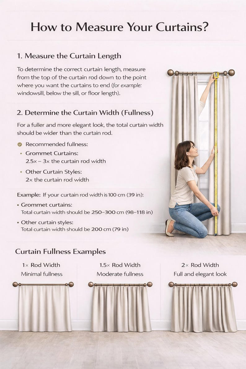 K&ouml;nnte beinhalten: Bildanleitung zum Messen von Vorh&auml;ngen. Text erkl&auml;rt das Messen von L&auml;nge und Breite. Eine Person kniet und misst einen Vorhang mit einem gelben Ma&szlig;band. Beispiele f&uuml;r die F&uuml;lle der Vorh&auml;nge: 1x, 1,5x und 2x der Stangenbreite.