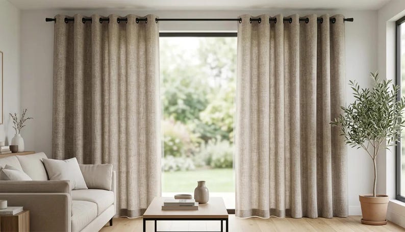 K&ouml;nnte beinhalten: Beige Leinen-Vorh&auml;nge mit &Ouml;sen h&auml;ngen an einer schwarzen Stange und umrahmen ein gro&szlig;es Fenster. Die Vorh&auml;nge werden mit einem hellen Sofa, einem Holztisch und einer Topfpflanze kombiniert, wodurch ein neutraler und einladender Wohnraum entsteht.