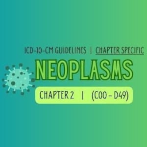 May include: A green and blue gradient background with a cartoon virus illustration. The text "ICD-10-CM GUIDELINES | CHAPTER SPECIFIC NEOPLASMS CHAPTER 2 | (C00-D49)" is displayed in white.