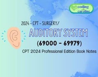 以下が含まれることがあります： 「2024 - CPT - SURGERY / AUDITORY SYSTEM (69000 - 69979)」というテキストが入った、水色と緑色のグラフィック。画像の左側には耳のイラストがあります。「CPT 2024 Professional Edition Book Notes」というテキストも含まれています。