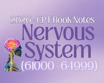 以下が含まれることがあります： 「2026 - CPT Book Notes Nervous System (61000-64999)」というテキストが書かれた紫色のグラフィック。人間の脳と脊髄のイラストが画像の左側にあります。