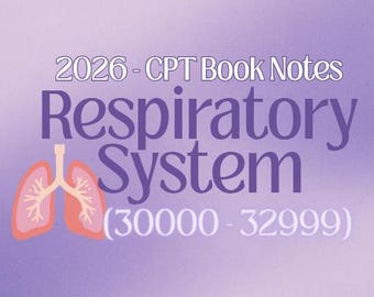 以下が含まれることがあります： 上部に「2026 - CPT Book Notes」というテキストが入った紫色のグラデーションの背景。 「Respiratory System」という言葉が大きく、様式化されたフォントで書かれています。 肺のグラフィックが左側にあります。 テキスト「(30000 - 32999)」が下にあります。
