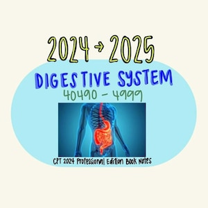 May include: A diagram of the human digestive system with the stomach highlighted in red. The text "2024 - 2025 DIGESTIVE SYSTEM 40490 - 4999 CPT 2024 Professional Edition Book Notes" is at the top of the image.