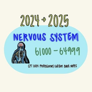 May include: Blue and green illustration of the nervous system with the text "2024 -> 2025 Nervous System 61000 - 64999 CPT 2024 Professional Edition Book Notes"