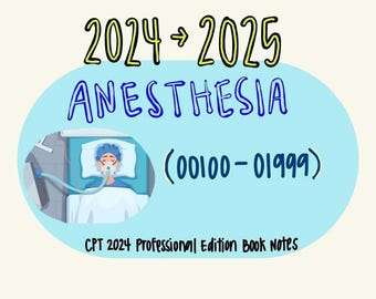 以下が含まれることがあります： 「2024 -> 2025 ANESTHESIA (00100-01999)」のテキストが入った医療イラスト。麻酔マスクをつけた患者が病院のベッドにいる様子が描かれています。「CPT 2024 Professional Edition Book Notes」のテキストが下部にあります。
