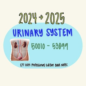 May include: A blue and white illustration of the human urinary system with the text "2024 -> 2025 URINARY SYSTEM 50010 - 53899 CPT 2024 Professional Edition Book Notes"