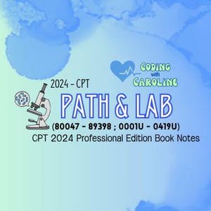 Puede incluir: Un gráfico azul claro con el texto "PATH & LAB" y "CODING with CAROLINE". La imagen incluye una ilustración de microscopio y el texto "2024-CPT" y "CPT 2024 Professional Edition Book Notes".