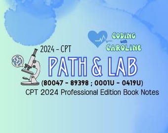 以下が含まれることがあります： 「PATH & LAB」と「CODING with CAROLINE」の文字が入った水色のグラフィック。顕微鏡のイラストと「2024-CPT」と「CPT 2024 Professional Edition Book Notes」の文字が含まれています。