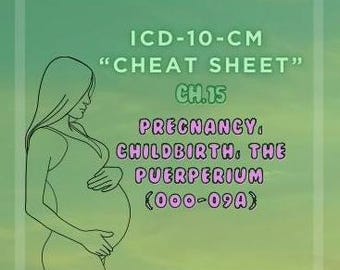 以下が含まれることがあります： 「ICD-10-CM 'CHEAT SHEET' CH.15 PREGNANCY, CHILDBIRTH, THE PUERPERIUM (O00-09A)」のテキストが入った緑と白のグラフィック。画像には、薄緑色のドレスを着た妊婦の線画が含まれています。
