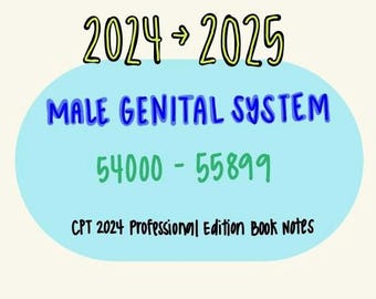 以下が含まれることがあります： 青い楕円形に、白い文字で「2024 -> 2025 男性生殖器系 54000 - 55899 CPT 2024 プロフェッショナル版 ブックノート」と書かれている