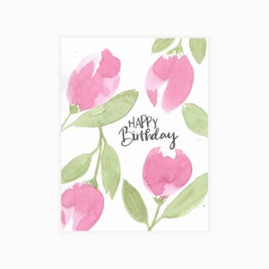 Cartão de aniversário em aquarela com flores rosa – Design de tulipa pintado à mão, cartão de felicitações floral feminino, interior em branco