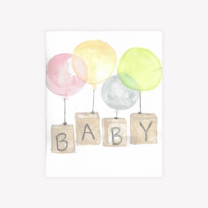 Tarjeta de baby shower neutra: tarjeta de felicitación con globos y bloques de acuarela, tarjeta de nacimiento neutra, tarjeta de guardería en tonos pastel suaves.