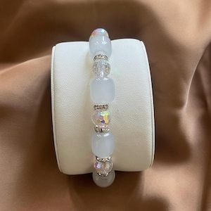 Iridescent White Beaded Stretch Bracelet with Glass and Crystal Beads, Handmade Jewelry, Sparkly Statement Bracelet, Elegant Gift for Her