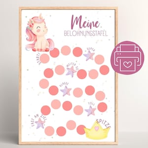 Könnte beinhalten: Ein druckbarer Belohnungsplan mit einem pinkfarbenen Einhorn mit einer Blumenkrone. Der Plan hat ein pinkfarbenes und weißes Farbschema und enthält den Text "Meine Belohnungstafel".