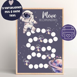 Könnte beinhalten: Eine druckbare Belohnungstafel mit Weltraumthema. Die Tafel zeigt einen Astronauten, Planeten und Sterne. Sie hat eine Reihe von Kreisen, um Fortschritte zu markieren, mit Wörtern wie "Start", "Super" und "Klasse" auf der Tafel.
