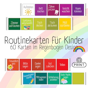 Könnte beinhalten: Bunte Routinekarten für Kinder mit Aufgaben wie "Aufstehen", "Bett machen" und "Zähne putzen". Die Karten haben ein Regenbogen-Design und den Text "Routinekarten für Kinder". Ein Drucksymbol ist ebenfalls vorhanden.