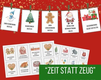May include: A festive Christmas-themed image featuring cards with illustrations of a snowman, Christmas tree, gingerbread man, Santa Claus, and wrapped gifts. Additional cards depict gingerbread houses, baking, and other holiday activities. The text "ZEIT STATT ZEUG" and "ADVENTSKALENDER" are also visible.