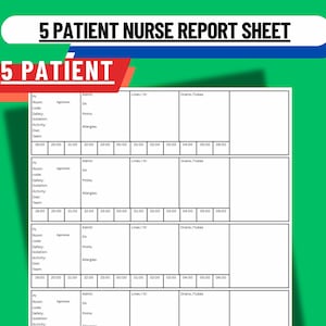 Könnte beinhalten: Ein grünes und weißes 5-Patienten-Krankenpflegeberichtsbogen. Das Blatt enthält Abschnitte für Patienteninformationen, einschließlich Raum, Code, Sicherheit, Isolation, Aktivität, Ernährung und Team.