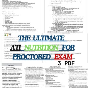 May include: A page from a nutrition textbook with the title "The Ultimate ATI Nutrition for Proctored Exam 3 PDF". The page contains information about carbohydrates and fiber, risk factors for inadequate nutrition, and the effect of risk factors on nutritional status.