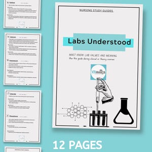 Può includere: Una guida allo studio digitale intitolata "Labs Understood" con il testo "Must Know Lab Values and Meaning". La guida presenta un banner turchese e un'illustrazione in bianco e nero di una mano con una pipetta. La guida è lunga 12 pagine.