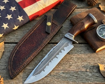 Hand Forged Sawtooth Hunting Knife | Bushcraft Survival Tool | Walnut Wood Handle
