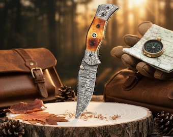 Damascus Pocket Knife | Bone Handle Folding EDC | Hand Forged Collector Tool | Groomsmen Gift