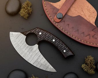 Damascus EDC Knife | Carved Handle Utility Chopper | Hand Forged Groomsmen Gift | Anniversary Gift
